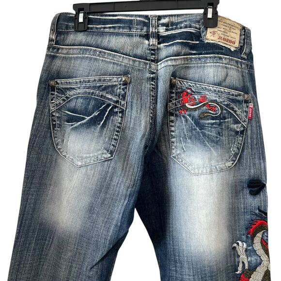 Mondo Red Dragon Embroidered Distressed Relax Fit Jeans Men Size 36 - Picture 4 of 13